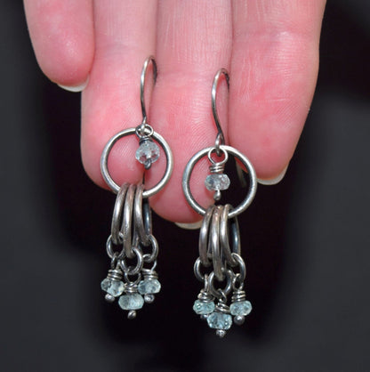Gemstone Sterling Silver Multi Circle Dangle Earrings | Your Choice of Aquamarine, Peridot, Chrysocolla, Chrysoprase