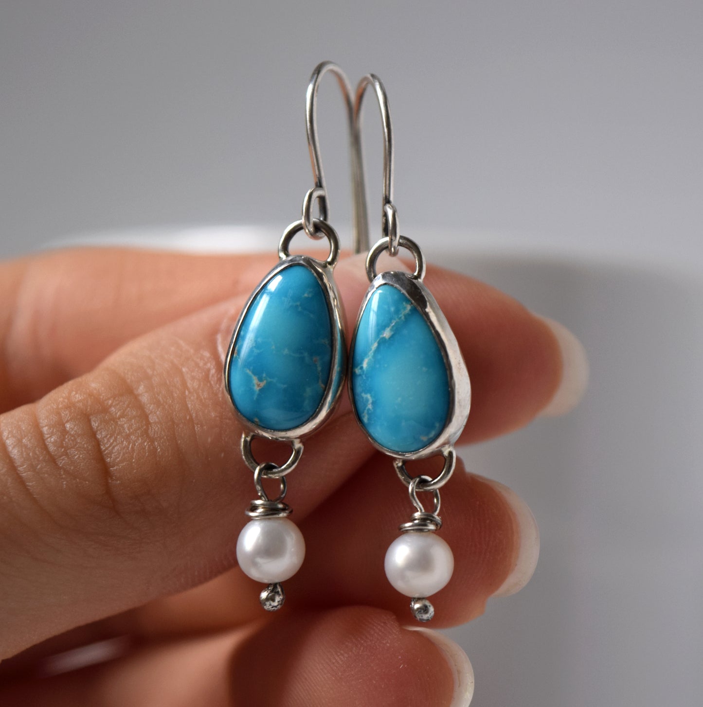 Turquoise & Pearl Sterling Silver Dangle Earrings | Sonoran Turquoise & Freshwater Pearls