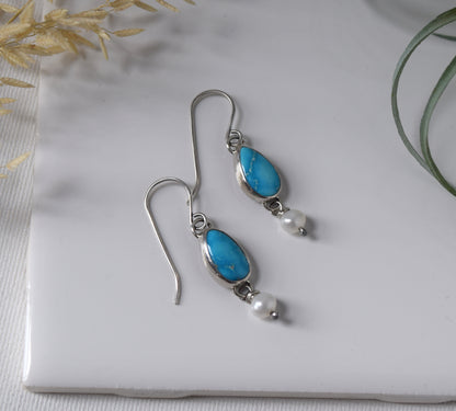 Turquoise & Pearl Sterling Silver Dangle Earrings | Sonoran Turquoise & Freshwater Pearls