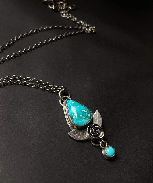 Turquoise Rose Pendant with White Water and Carico Lake Turquoise in Sterling Silver