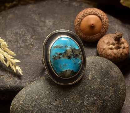Bright Blue Kingman Turquoise & Sterling Silver Ring | Shadowbox Setting | Size 6.5-6.75