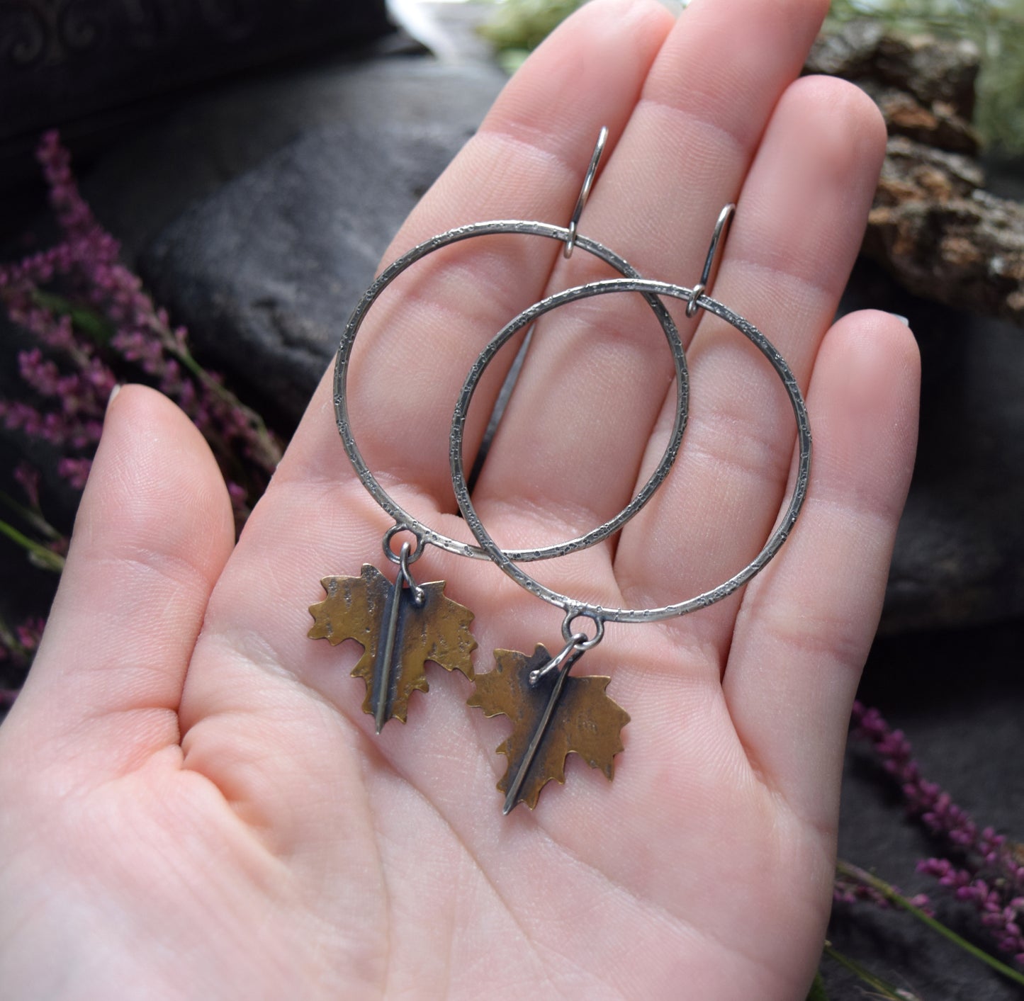 Brass Maple Leaf and Sterling Silver Hoop Earrings