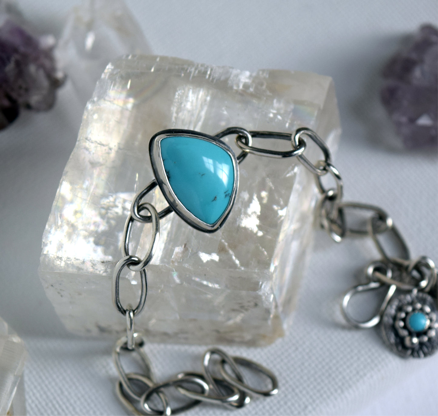 Artisan Made Cloud Mountain Turquoise & Sterling Silver Bracelet with Handmade Link Chain and Charms