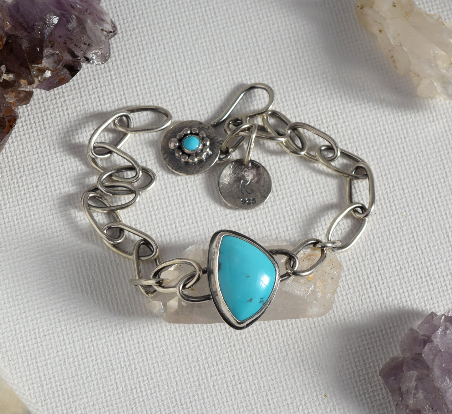 Artisan Made Cloud Mountain Turquoise & Sterling Silver Bracelet with Handmade Link Chain and Charms