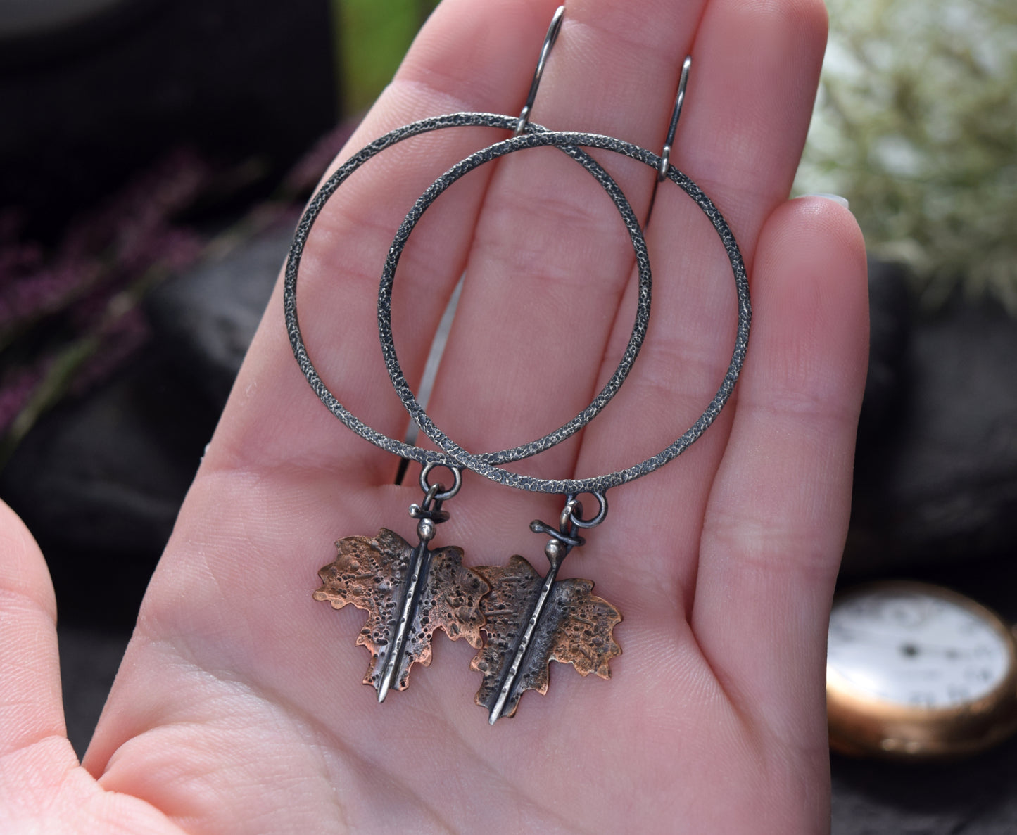 Copper Maple Leaf and Sterling Silver Hoop Earrings