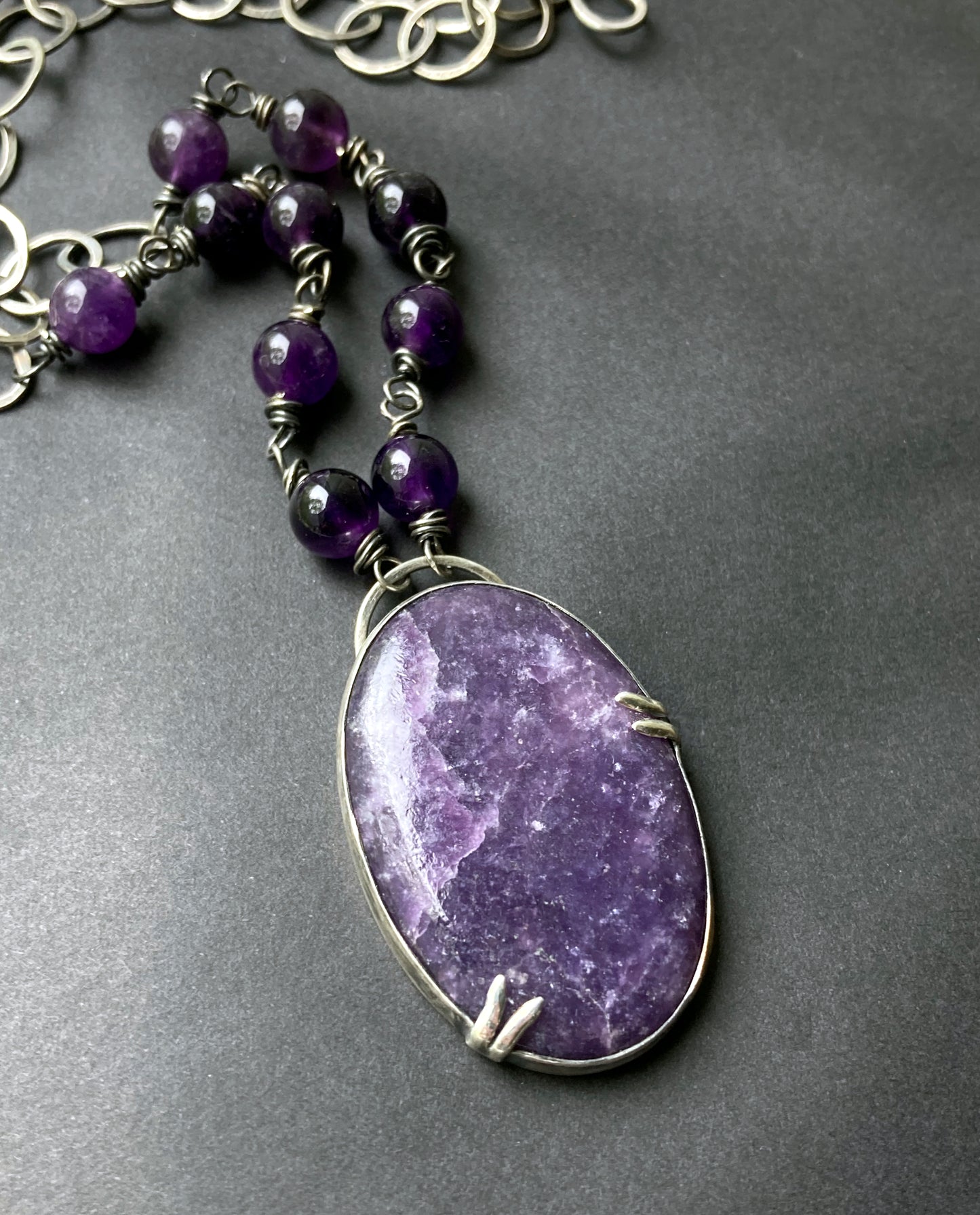 Crocus Flower Lepidolite, Amethyst, and Sterling Silver Necklace with Handmade Large Link Chain