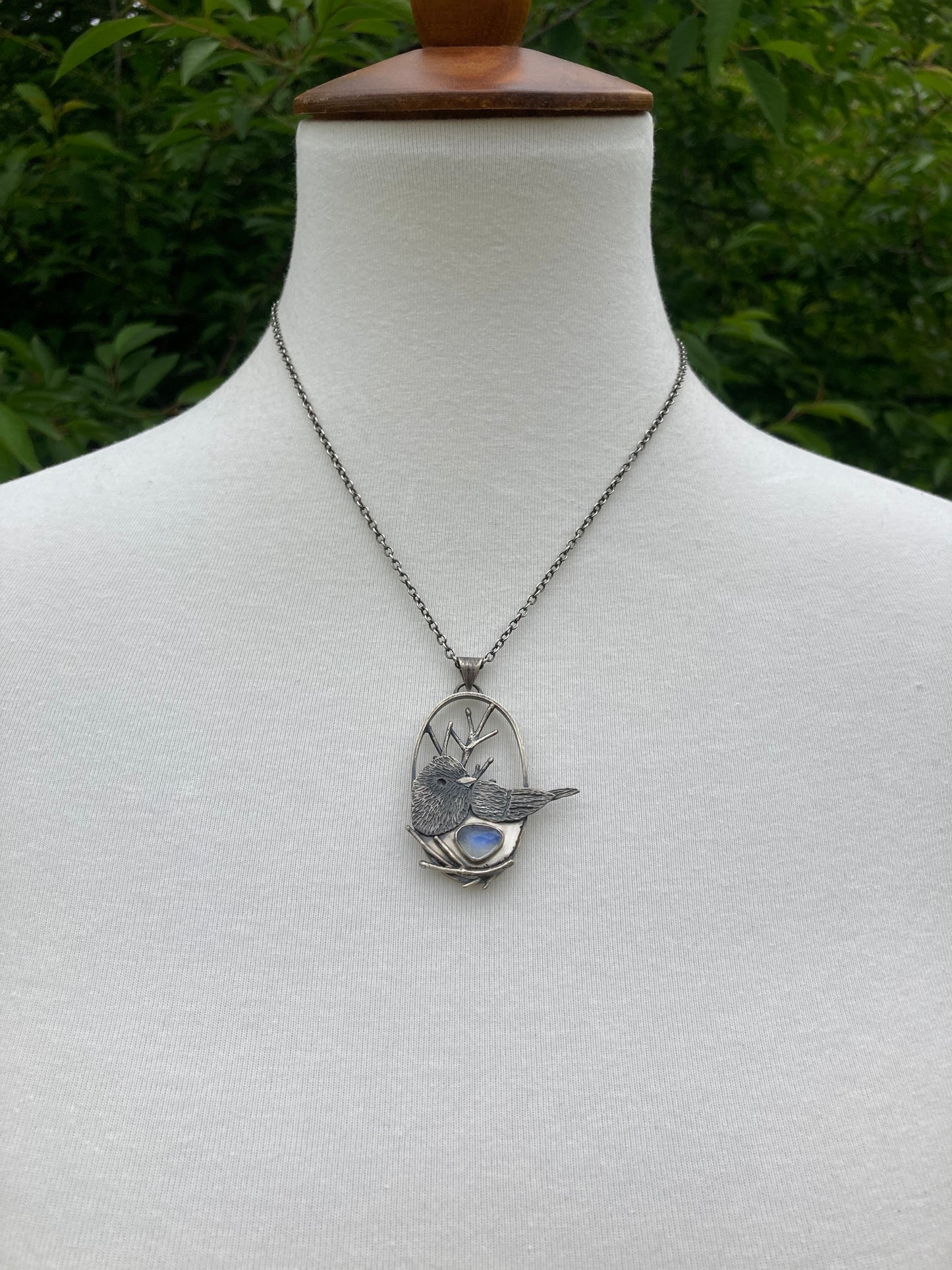 Sparrow Sterling Silver Necklace with Rainbow Moonstone | Bird & Gemstone Pendant