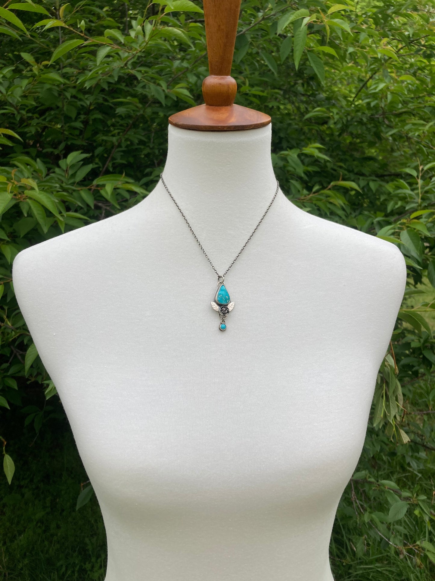 Turquoise Rose Pendant with White Water and Carico Lake Turquoise in Sterling Silver