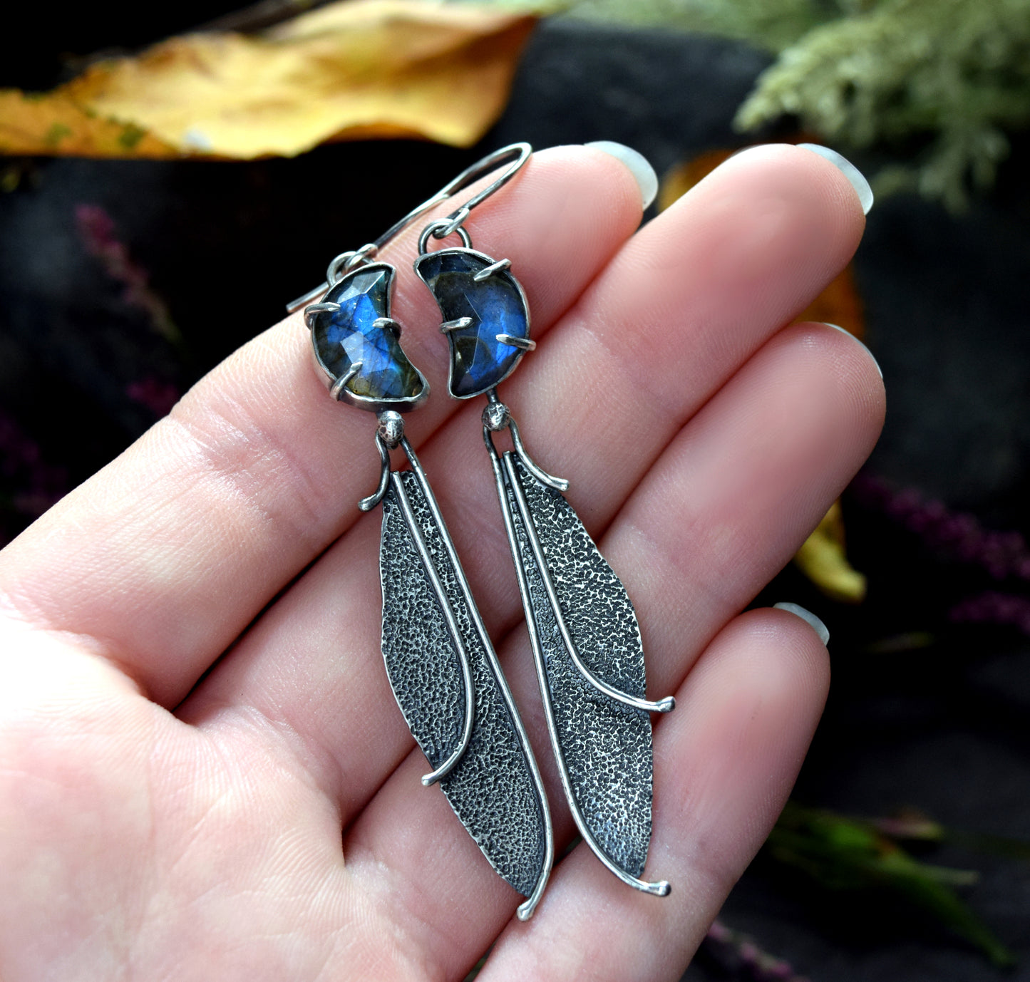 Labradorite Moon & Fairy Wing Earrings | Sterling Silver Celestial Fantasy Jewelry