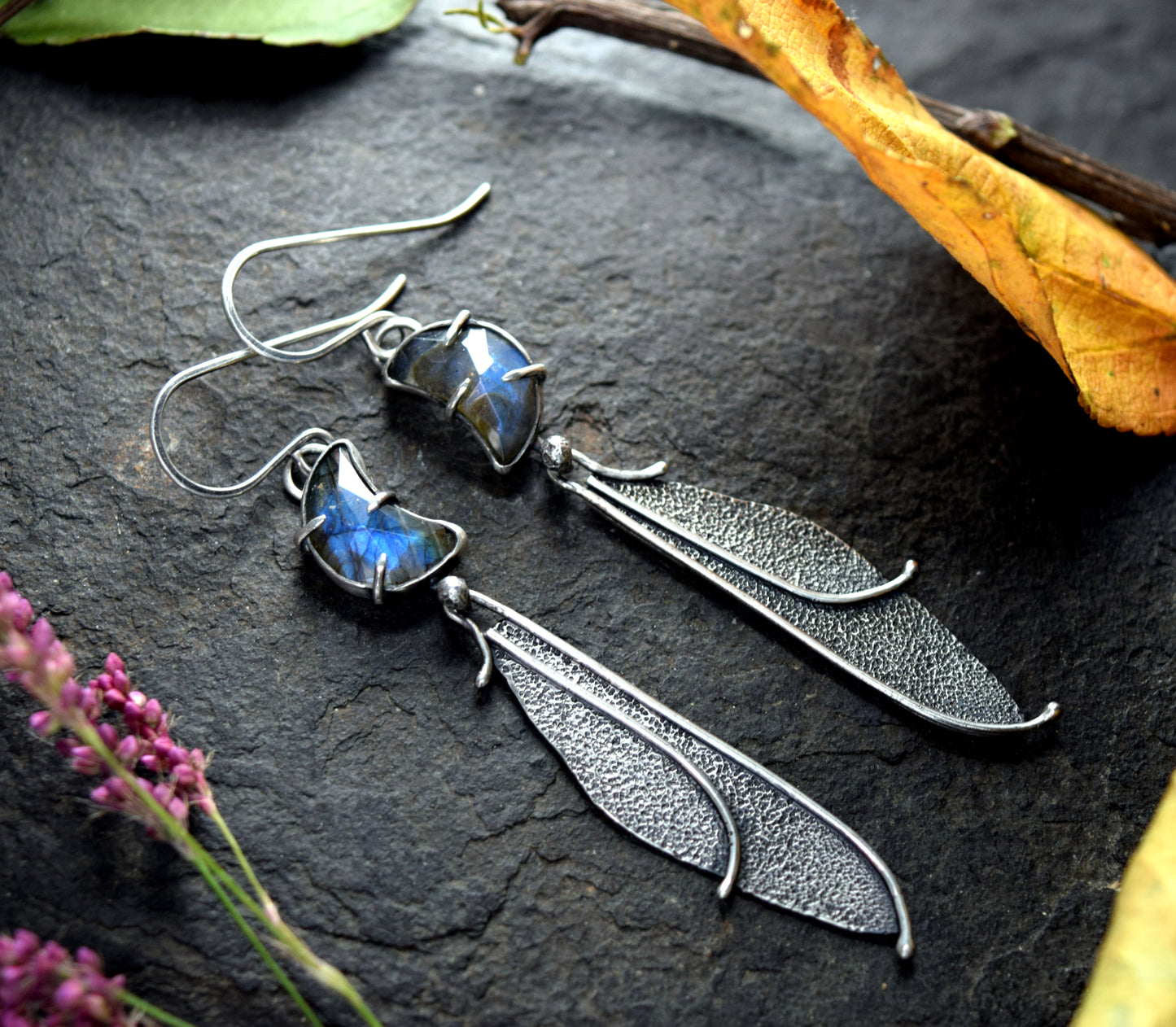 Labradorite Moon & Fairy Wing Earrings | Sterling Silver Celestial Fantasy Jewelry