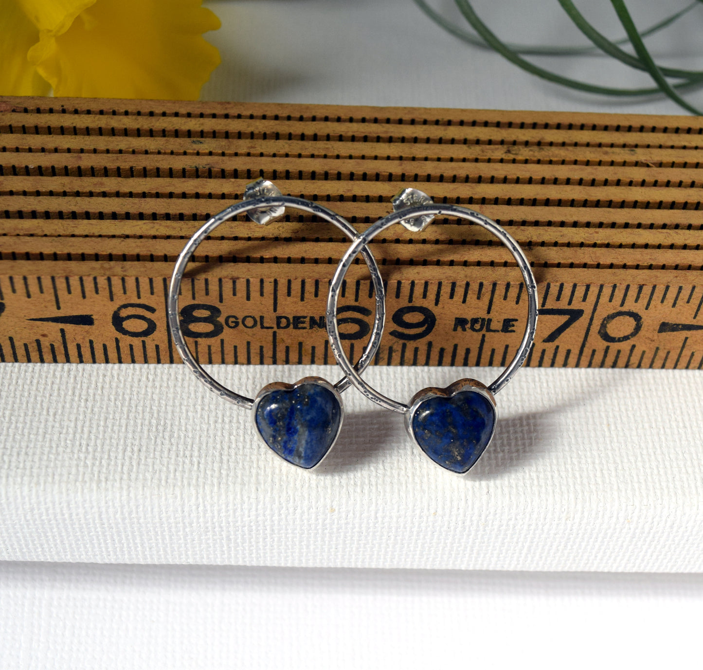 Lapis Lazuli Heart Sterling Silver Earrings | Circle Hoop Post Earrings