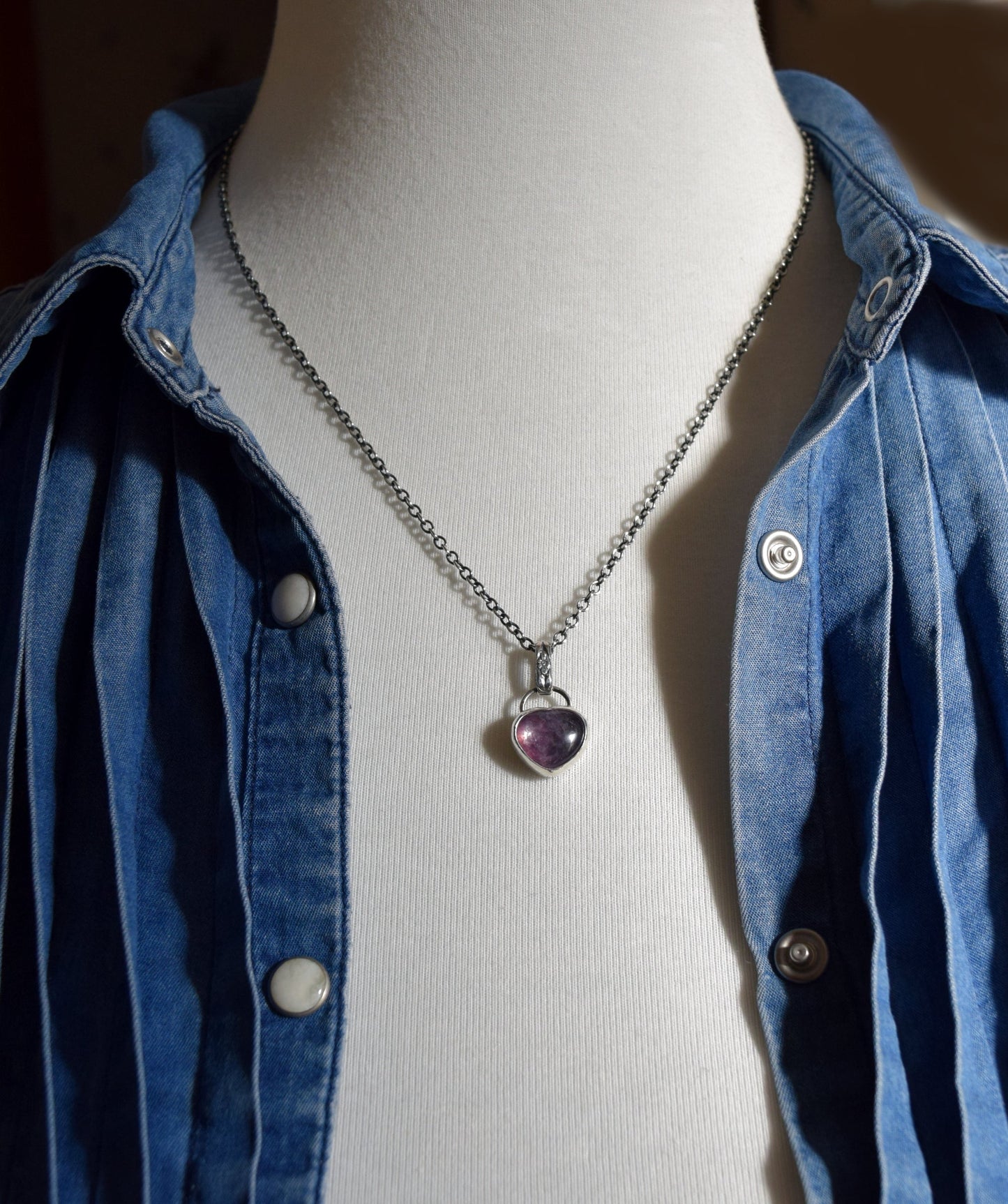 Lepidolite & Sterling Silver Puff Heart Necklace | Sweet and Petite Gift For Her