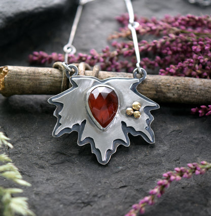 Maple Leaf and Garnet Necklace | Sterling Silver