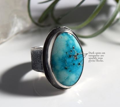 Big Turquoise Ring | Sterling Silver Statement Ring | White Water Turquoise Textured Wide Band, Bohemian Rustic Jewelry, Eco Friendly Boho