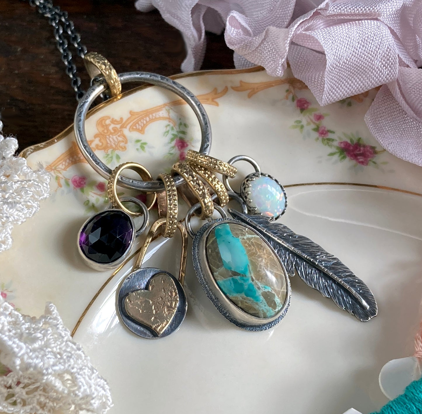 Luxurious Gemstone Charm Necklace with American Turquoise, Ethiopian Opal, Amethyst | Silver & Gold Mixed Metal Jewelry