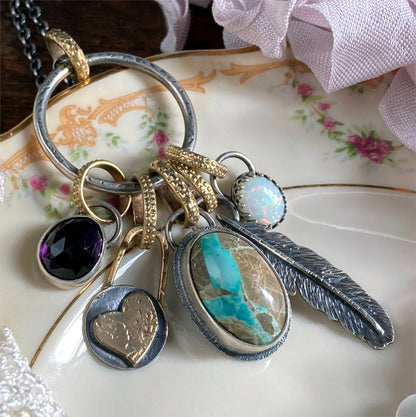 Luxurious Gemstone Charm Necklace with American Turquoise, Ethiopian Opal, Amethyst | Silver & Gold Mixed Metal Jewelry