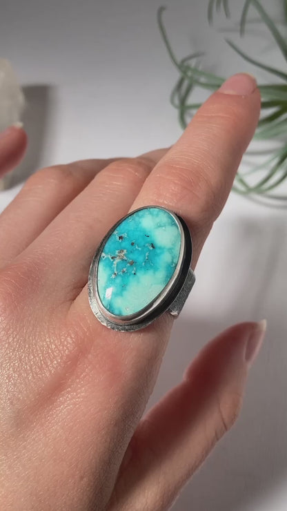 Big Turquoise Ring | Sterling Silver Statement Ring | White Water Turquoise Textured Wide Band, Bohemian Rustic Jewelry, Eco Friendly Boho