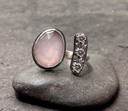 Rose Quartz & Sterling Silver Ring with Roses | Open Ring Band Style