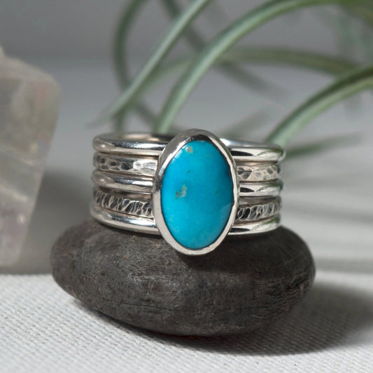 Turquoise & Sterling Silver Stacking Ring Set | Blue Sonoran Rose Turquoise | Size 5.75, 6, 6.25