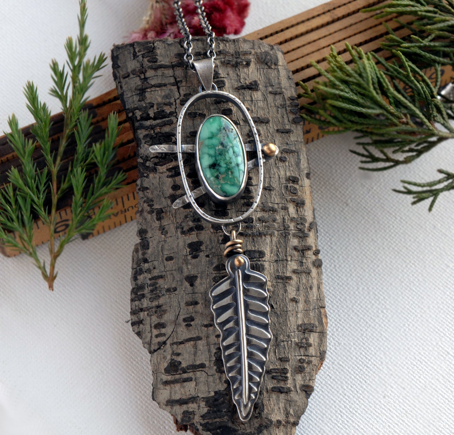 RESERVED - Calypso Variscite & Sterling Silver Necklace with Fern, Botanical|Nature|Plant Talisman Art Jewelry