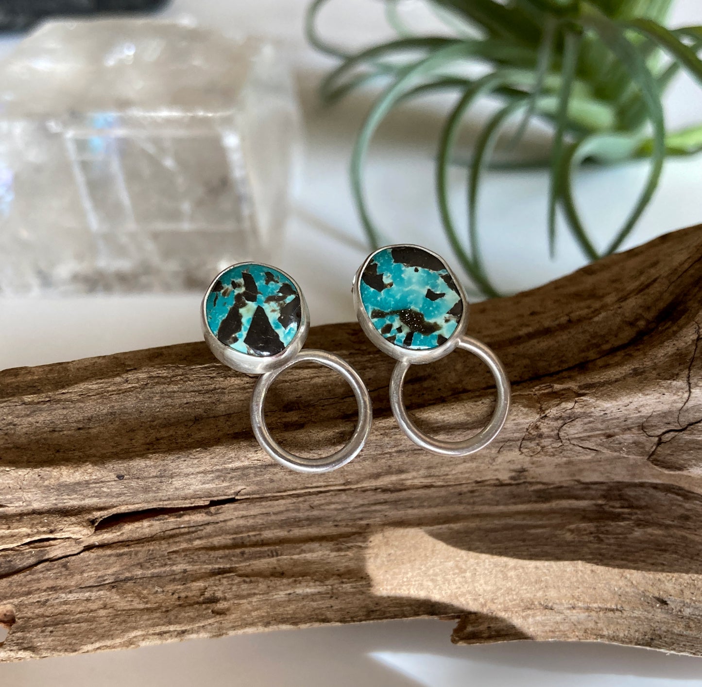 Turquoise & Sterling Silver Stud Earrings with Petite Hoop Ear Jackets | Carico Lake Turquoise