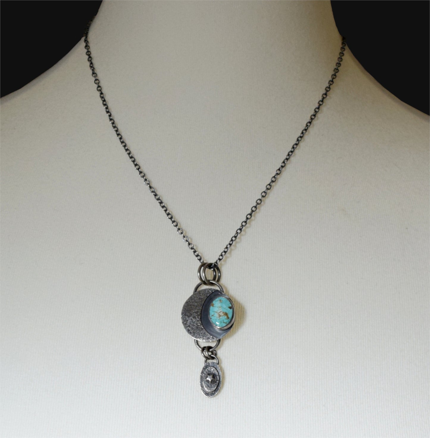 Mystical Crescent Moon & Star Necklace with Carico Lake Turquoise in Rustic Sterling Silver