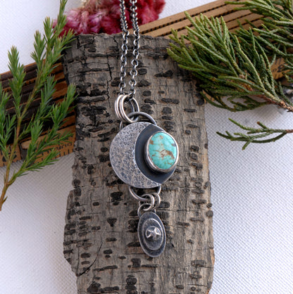 Mystical Crescent Moon & Star Necklace with Carico Lake Turquoise in Rustic Sterling Silver
