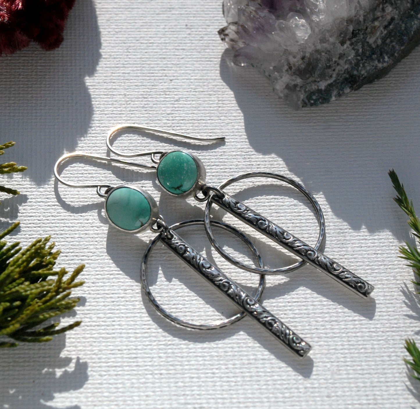 Turquoise & Sterling Silver Bar & Hoop Earrings | Carico Lake Turquoise with Patterned Bars & Hammered Hoops Dangles