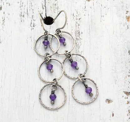 Amethyst Sterling Silver Circle Earrings | Long Purple Gemstone Dangle Drop Hoop Earrings,