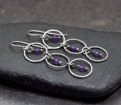 Amethyst Sterling Silver Circle Earrings | Long Purple Gemstone Dangle Drop Hoop Earrings,