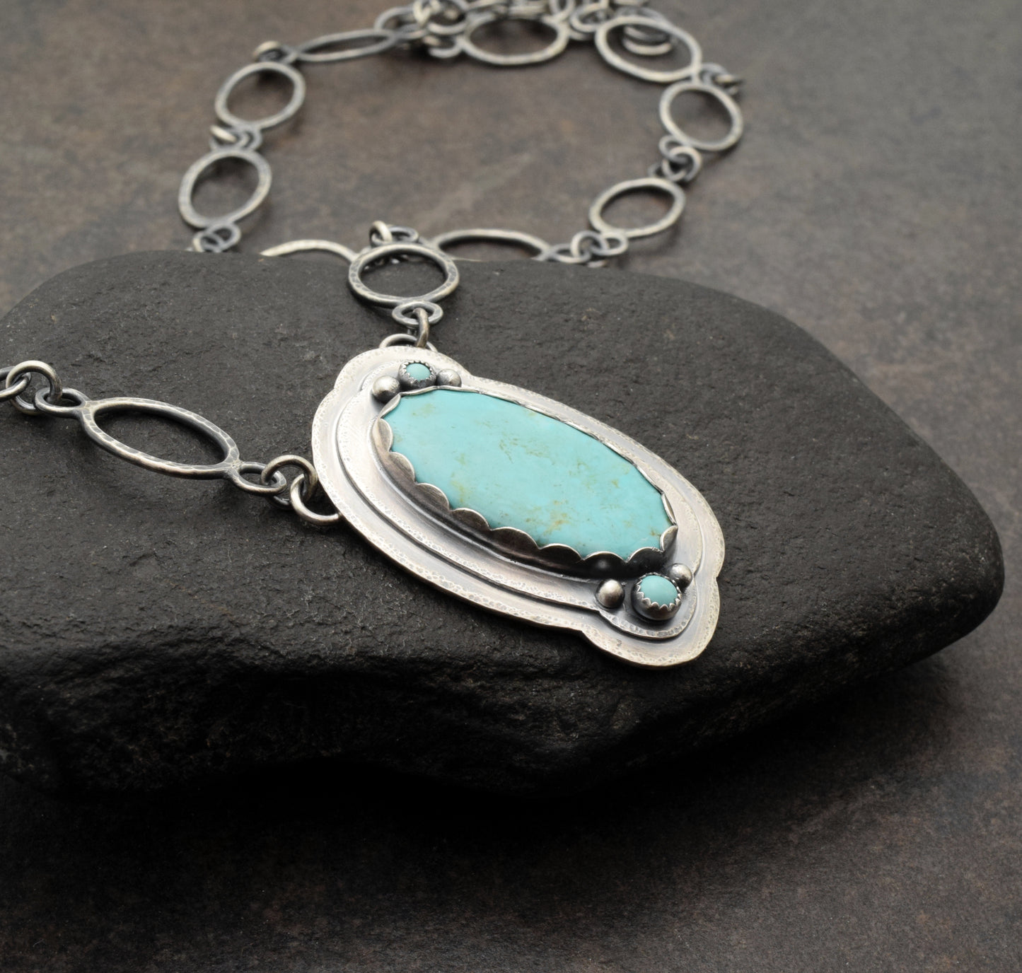Kingman Turquoise and Sterling Silver Necklace with Handmade Large Link Chain