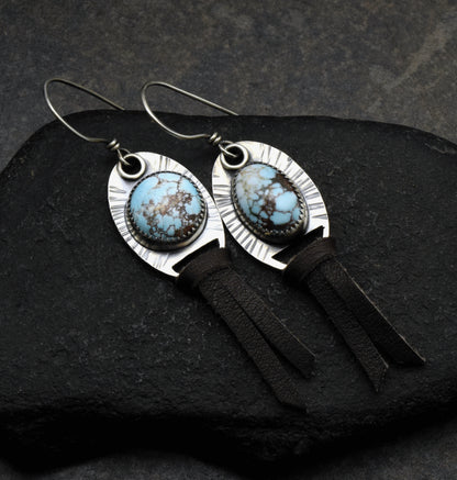 Pale Blue Turquoise & Sterling Silver Dangle Earrings with Leather Fringe | Orissa Turquoise