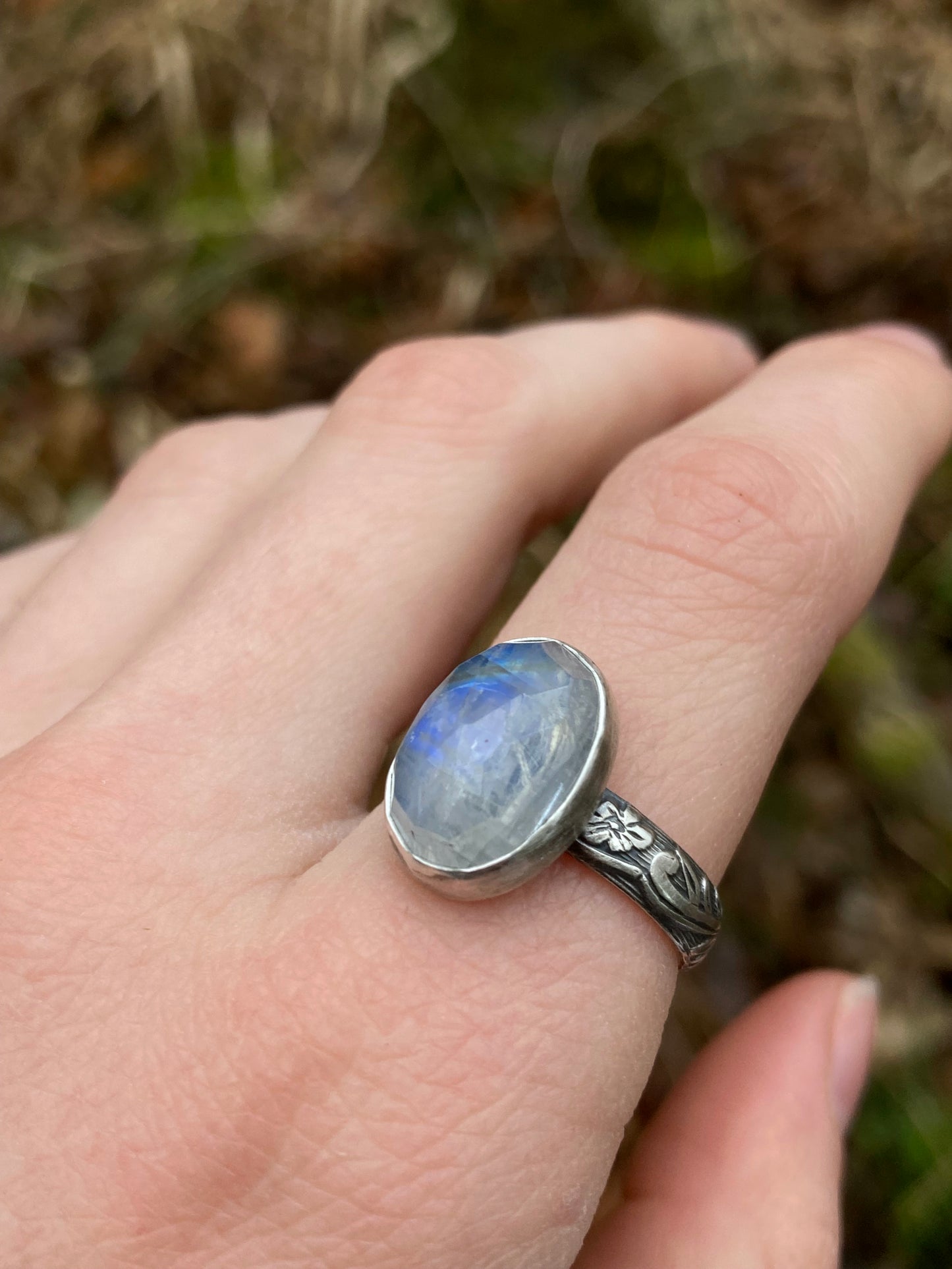 Rainbow Moonstone and Sterling Silver Floral Ring | Size 8-8.5