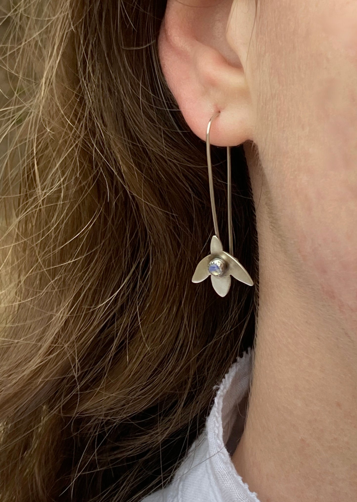 Snowdrop Flower Long Earrings in Sterling Silver with Rainbow Moonstones