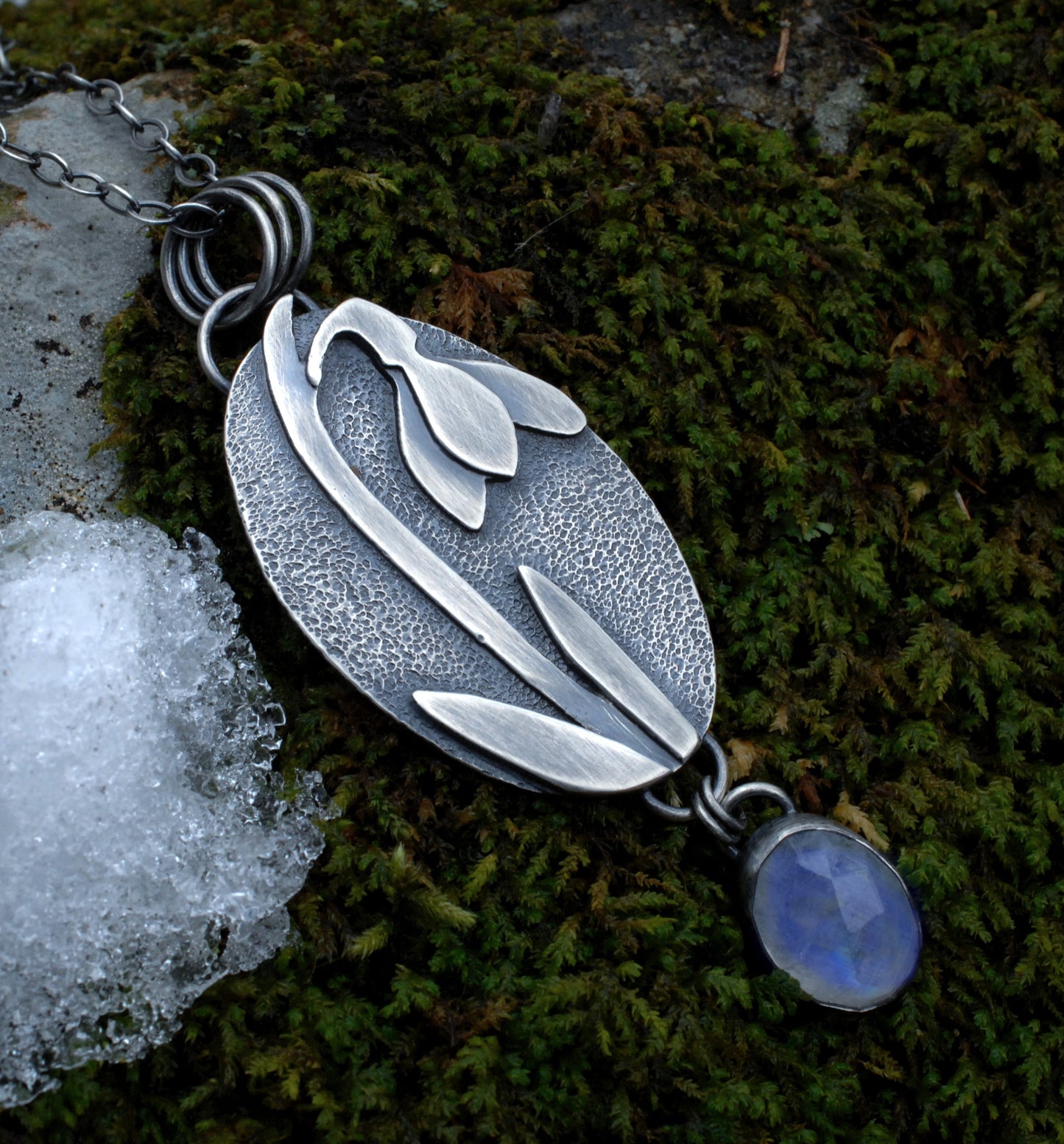 Rainbow Moonstone & Sterling Silver Floral Necklace | Snowdrop Flower & Gemstone Pendant
