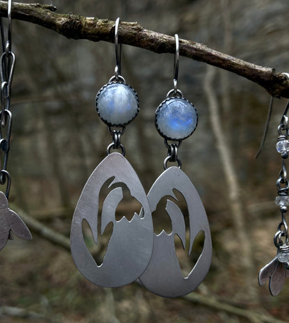 Snowdrop Flower Dangle Earrings in Sterling Silver with Rainbow Moonstones