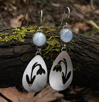 Snowdrop Flower Dangle Earrings in Sterling Silver with Rainbow Moonstones