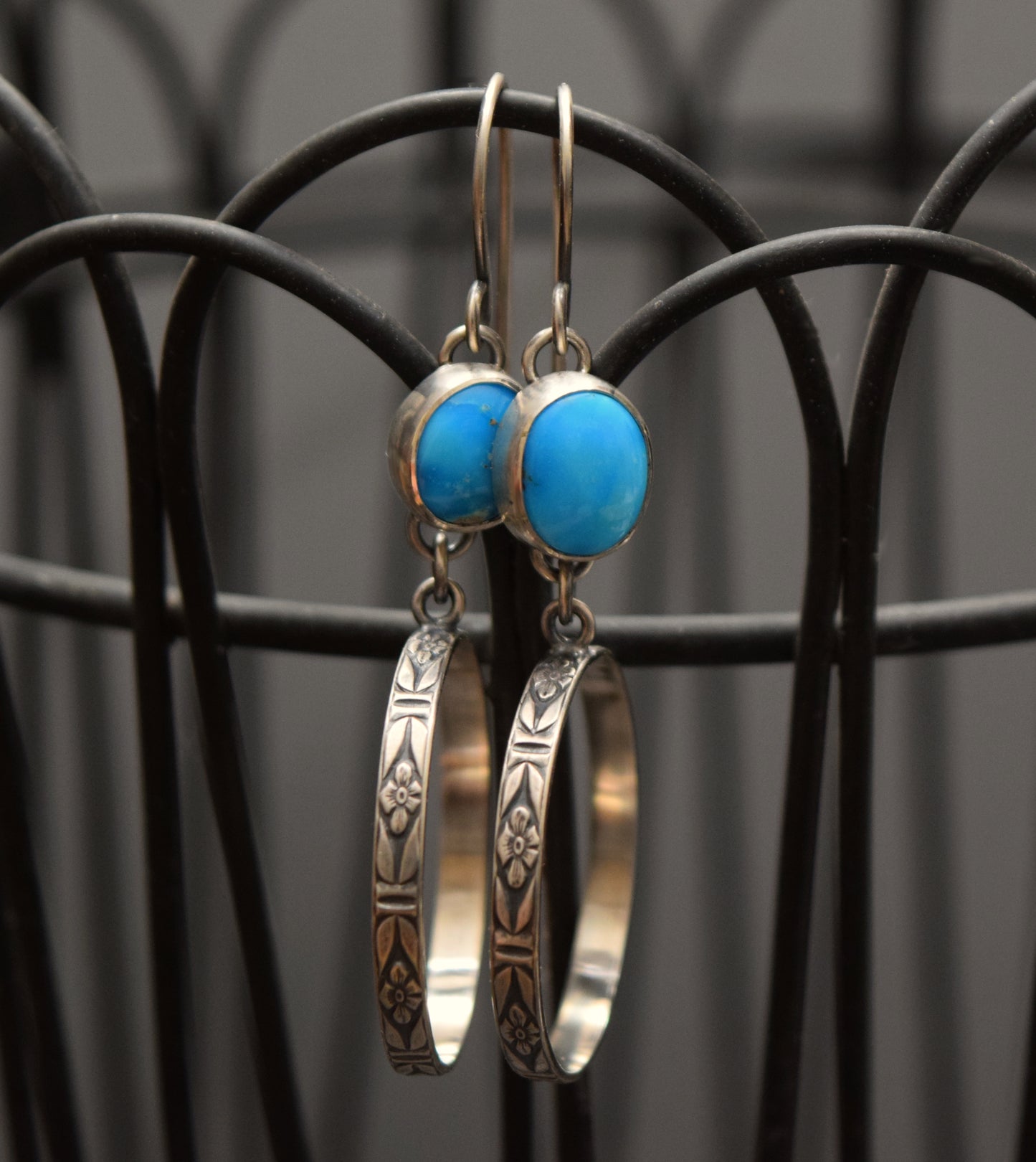 Turquoise & Sterling Silver Hoop Earrings | Sonoran Rose Turquoise & Dangly Floral Patterned Hoops