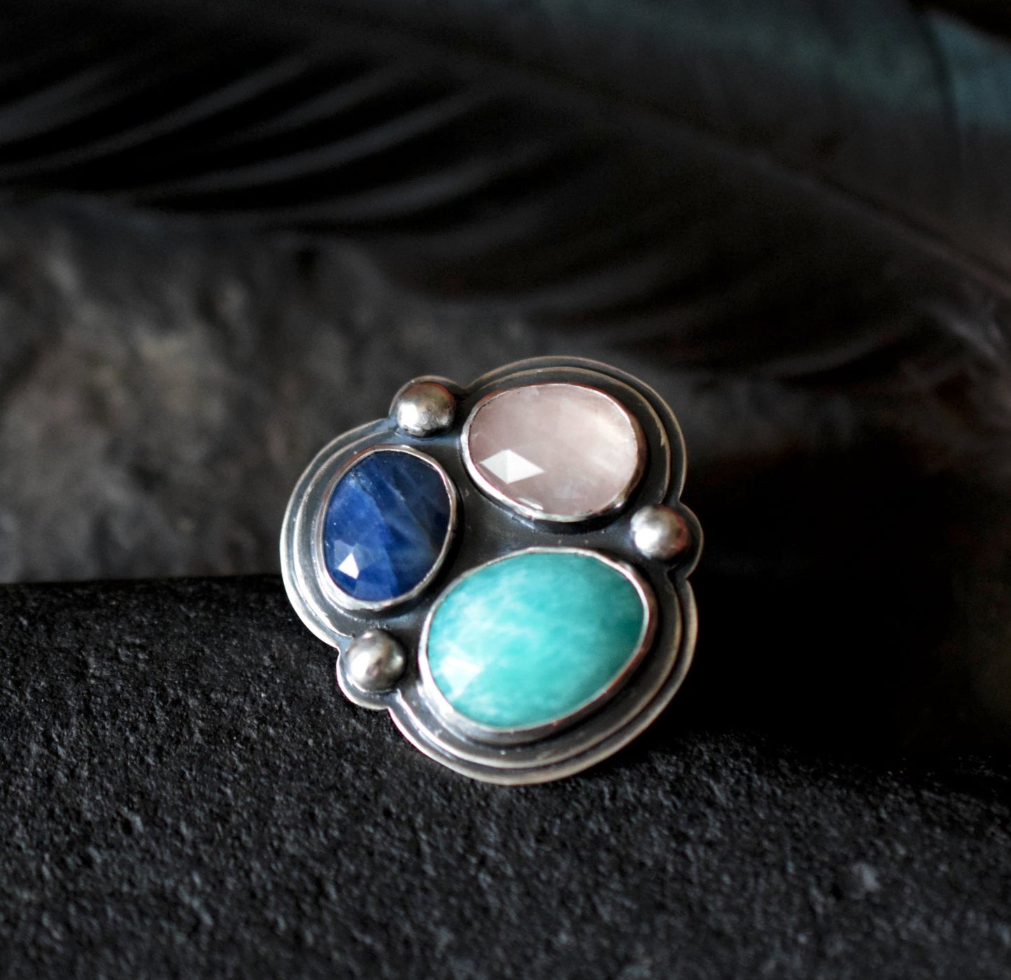 Sterling Silver Gemstone Statement Ring | Sapphire, Rose Quartz, & Amazonite Gems on Floral Wide Band Ring