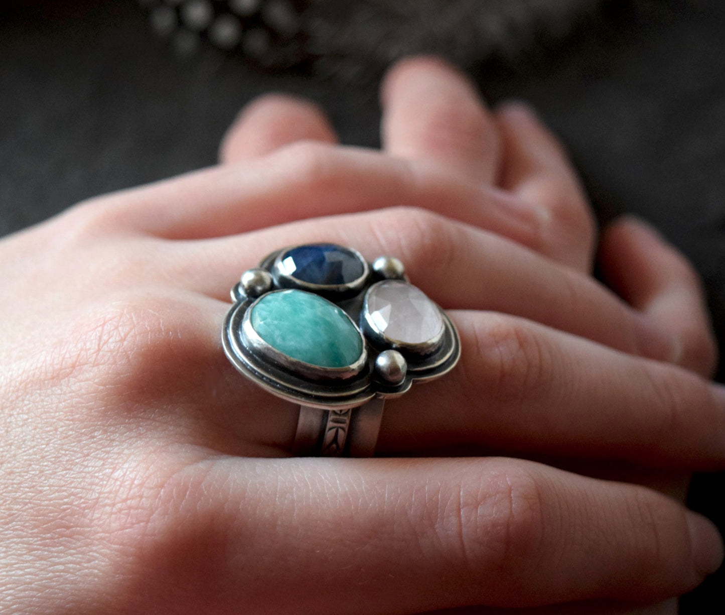 Sterling Silver Gemstone Statement Ring | Sapphire, Rose Quartz, & Amazonite Gems on Floral Wide Band Ring