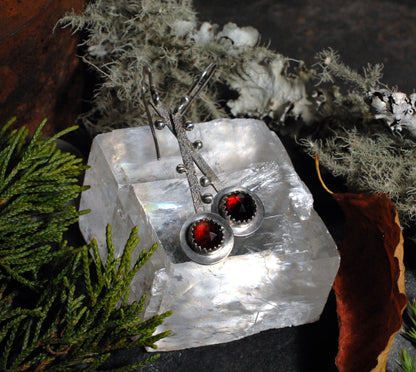 Deep Red Garnet & Sterling Silver Bar Earrings with Triple Orbs