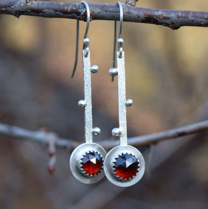 Deep Red Garnet & Sterling Silver Bar Earrings with Triple Orbs